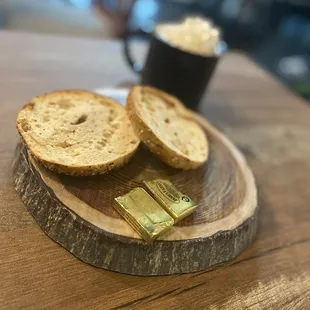 White chocolate mocha (oat milk) with a vegan everything bagel.