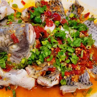 Steamed fish w. Diced hot peppers (spicy)
