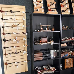 The wall of amazing pipes available for purchase