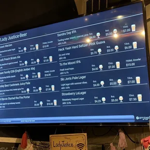 prices of beers on a large screen