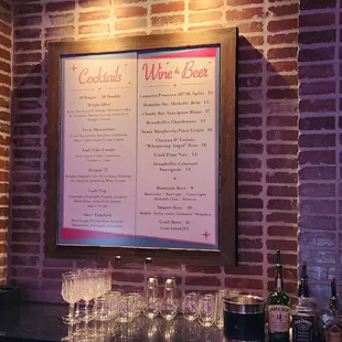 Full drink menu at the bar