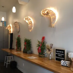 a counter with a variety of items on it