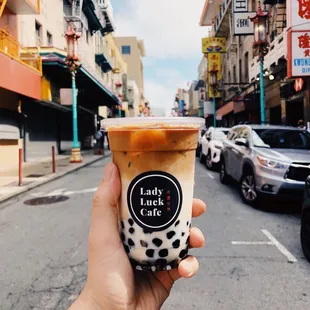 Iced boba latte with oatmilk