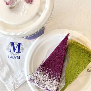 Iced Rose tea latte, purple yam + green tea crepe