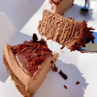 a slice of chocolate cake on a fork