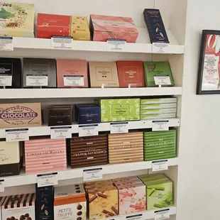 a shelf full of chocolates