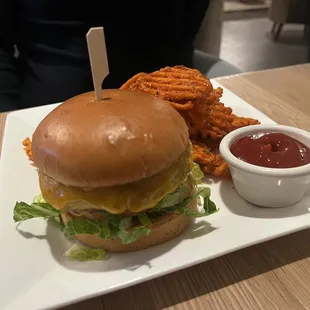 Impossible burger with sweet potato fries