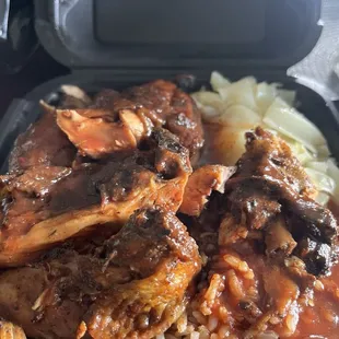 Large Jerk Chicken with cabbage and rice