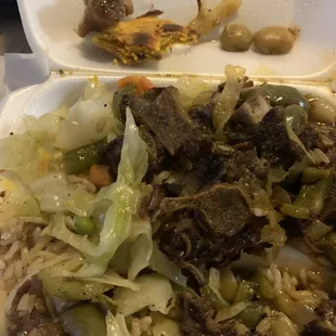 Oxtails, Rice and Peas w/cabbage and random "Lima beans "