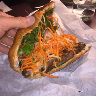 Short rib banh mi opened up