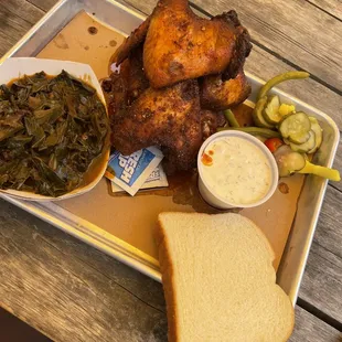 Collards, Nashville Wings, pickled veggies