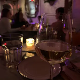 a glass of wine on a table