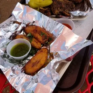 Fried plantains and blackened wings