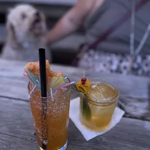 a dog and a drink on a picnic table