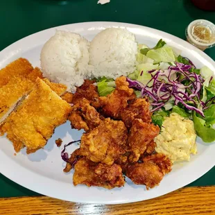 Chicken combo. Chicken Katsu and LB Fried Chicken (Karaage) . Large portion size,  everything on the plate tastes delicious.