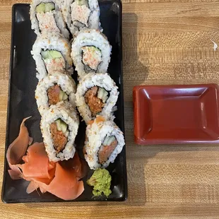 Half &amp; Half roll of California roll and spicy tuna roll.