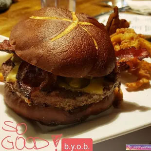 Amazing burger! Grilled perfect and ideal toppings thrown together on this personalized bun.