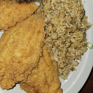 Fried catfish with dirty rice