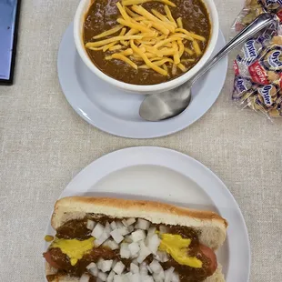Coney hot dog and chili.
