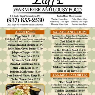 Menu, page 1.  Appetizers, Salads and Soups, Tex-Mex Favorites.