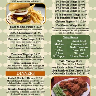 Menu, page 3. Burgers, Dinners, Wings, etc.
