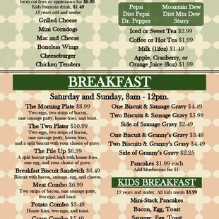 Menu, page 4. Kids Menu, Drinks, Breakfast.