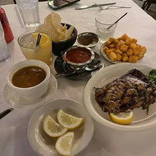 Ribeye, fried potatoes and churro beans