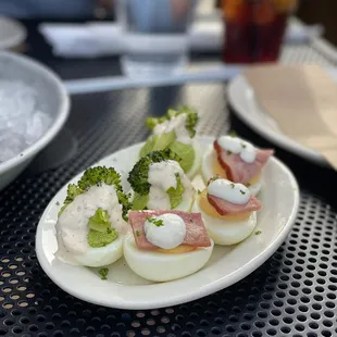 Deviled eggs: broccoli and ham (don&apos;t recall specific names)