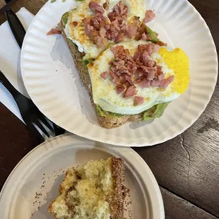 Avocado toast, coffee cake halfway eaten