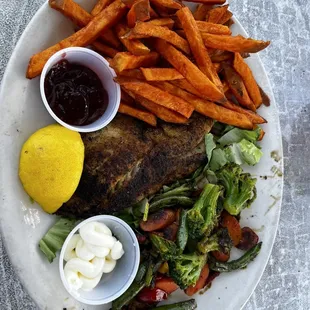Blackened Grouper with roasted veggies and sweet potatoes fries