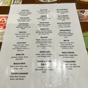 Mixed drink menu
