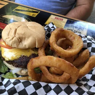 Burger and onion rings