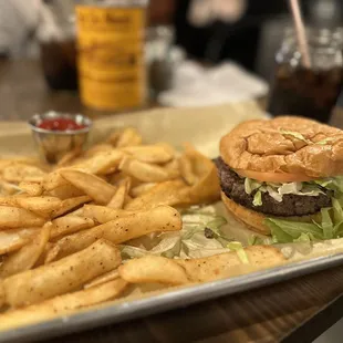 a hamburger and fries