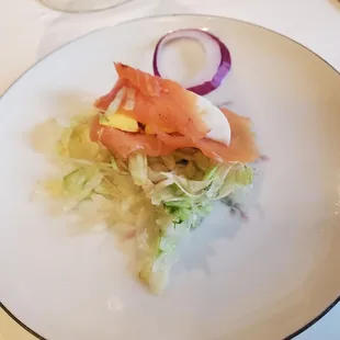 Tonight's lagniappe was smoked salmon with egg, served as an amuse bouche.