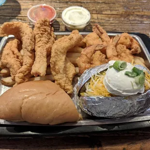 Seafood lunch platter with loaded potato