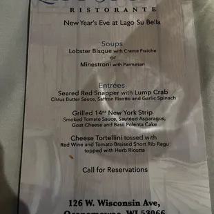 NYE special menu