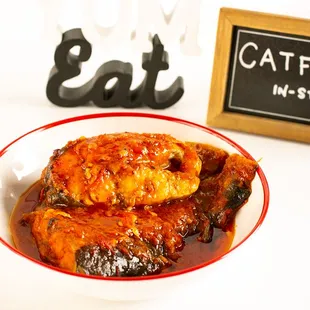 Large cuts of delicious fresh catfish, cooked in tasty red stew