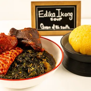 Edika Ikong is a vegetable soup with beef, dried fish, crayfish, tripe, pumpkin &amp; water leaves, periwinkles. Perfect with fufu &amp; proteins