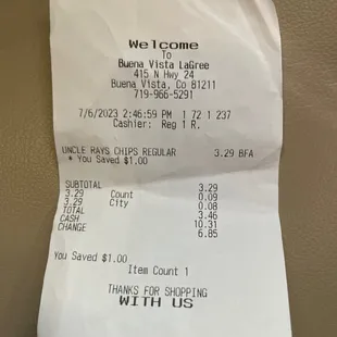 Chip purchase receipt
