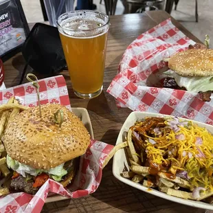 Green chili bacon cheese burgers and red and green chili cheese fries.