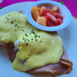 Traditional Eggs Benedict. Swapped potatoes/hash browns for fruit.
