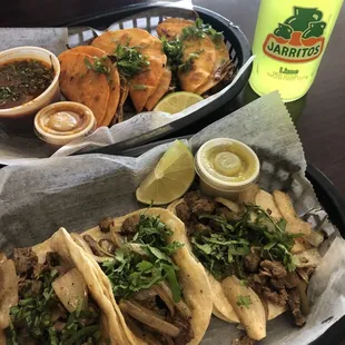 Steak Tacos, birria tacos, lime jarritos