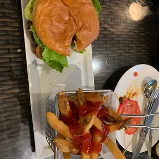 Bacon cheeseburger and fries