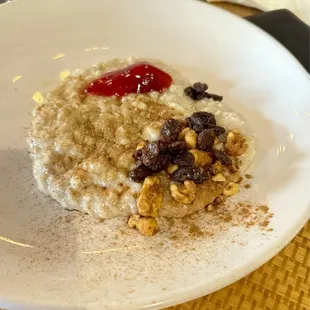Oatmeal w/ Brown Sugar, Cinnamon, Candied Walnuts, Raisins &amp; Strawberry Preserves