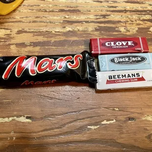 Mars bar, clove, black jack and Beeman's gum
