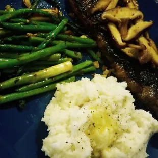 Shiitake Mushrooms w/ New York Strip  Spicy Seasoned Asparagus  Mashed Potatoes w/ melted butter  (Everything purchased at Lahody's)