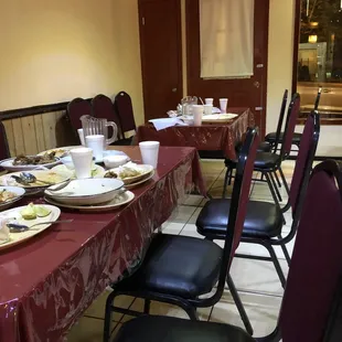 a table with plates of food on it