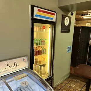 a refridgerator and a table