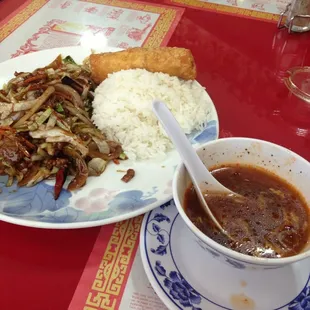 a plate of food and a bowl of soup