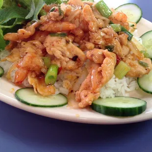 Spicy chicken and shrimp with two egg